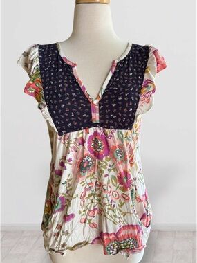 Vintage Anthropologie RicRac Floral Print Ruffle Cap Sleeve Tee w/ Pockets
